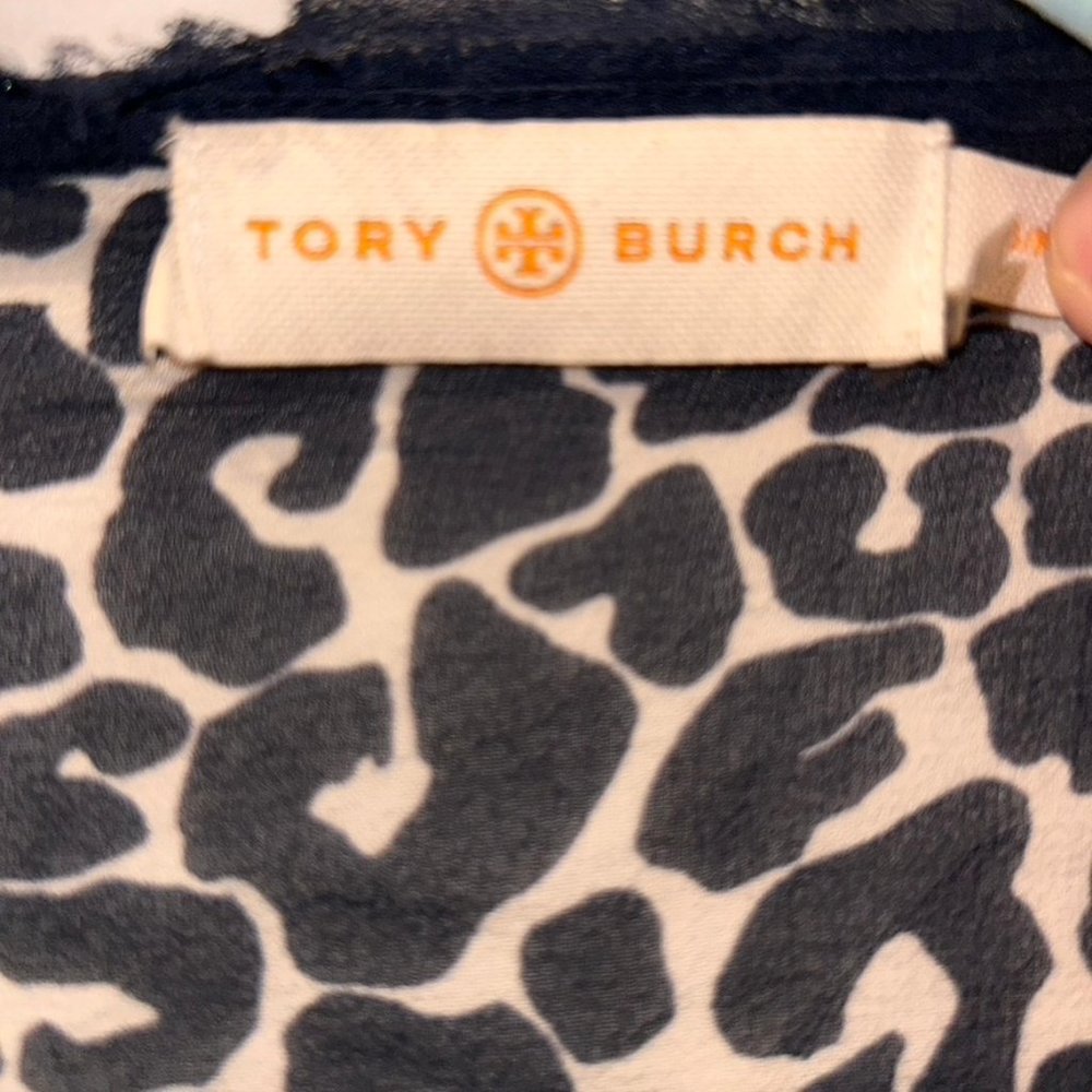 Tory Burch blue Leopard Print sheer tie front cover up top S - Picture 2 of 5